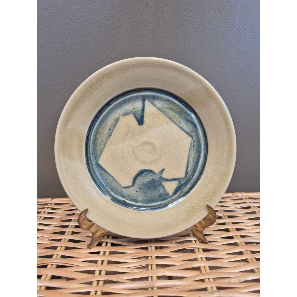 Signed Studio Pottery 9" Bird Plate Blue Tan Handmade Modernist Art Pottery Gift